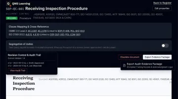 QMS Learning document management dashboard displaying audit evidence package export