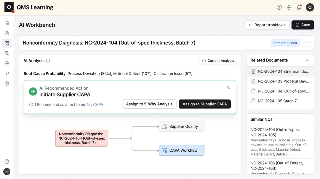 QMS Learning AI Workbench interface diagnosing nonconformity root cause