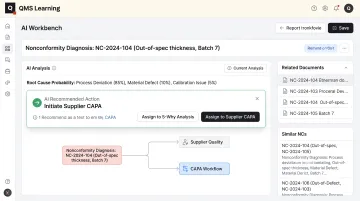 QMS Learning AI Workbench interface diagnosing nonconformity root cause