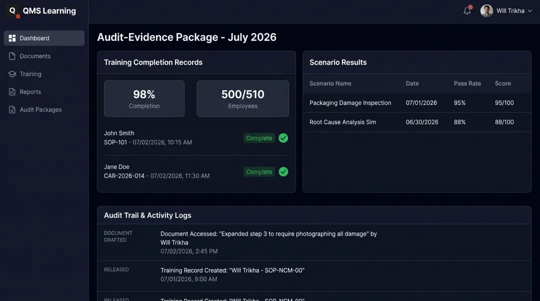 QMS Learning dashboard showing Audit-Evidence Package with training records