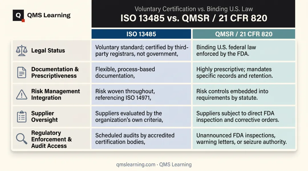 ISO 13485 versus QMSR comparison across five key regulatory dimensions