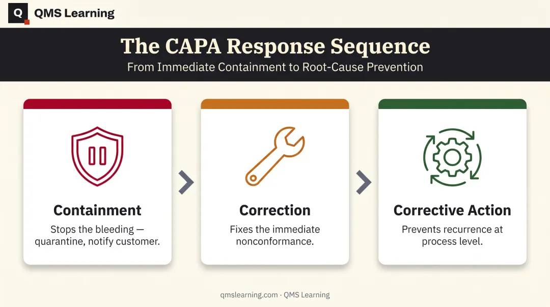 Three-part CAPA breakdown showing containment correction and corrective action stages