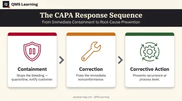 Three-part CAPA breakdown showing containment correction and corrective action stages