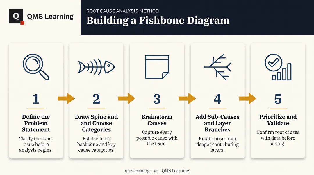 5-step fishbone diagram creation process from problem to validation