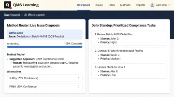 QMS Learning AI Workbench Method Router compliance dashboard interface