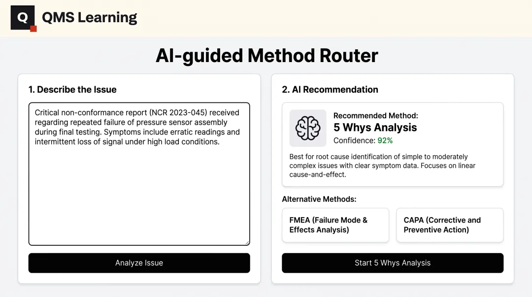QMS Learning AI Method Router interface recommending root cause analysis tool