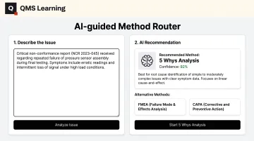 QMS Learning AI Method Router interface recommending root cause analysis tool