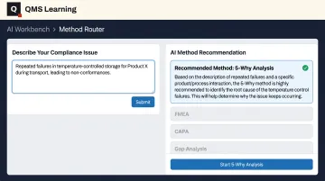 QMS Learning AI Workbench Method Router interface recommending quality tools