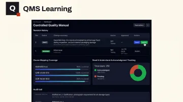 Document Management System interface displaying controlled quality manual revisions and approvals