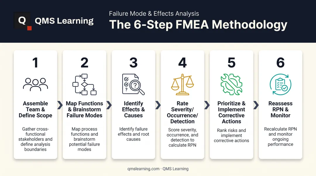 6-step FMEA process flow from team assembly to continuous monitoring