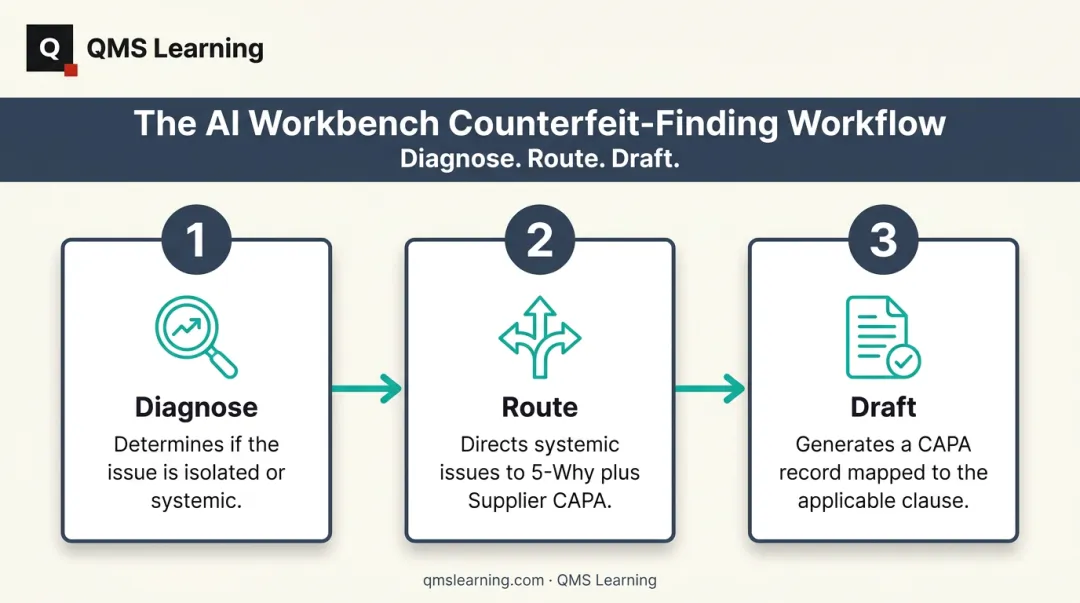 Three-step AI Workbench process for diagnosing counterfeit part findings