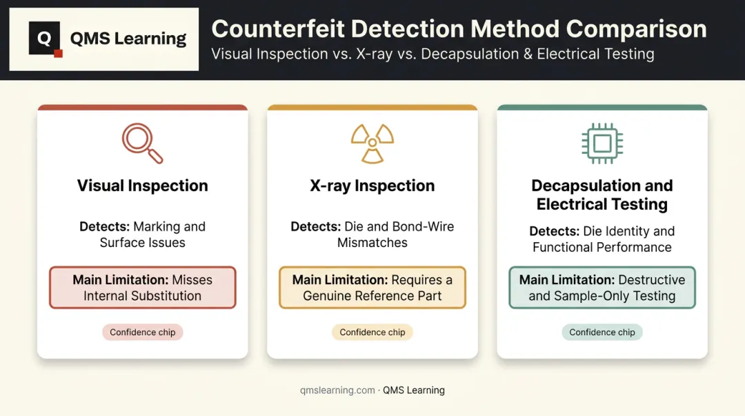 Comparison of visual X-ray and decapsulation counterfeit detection methods