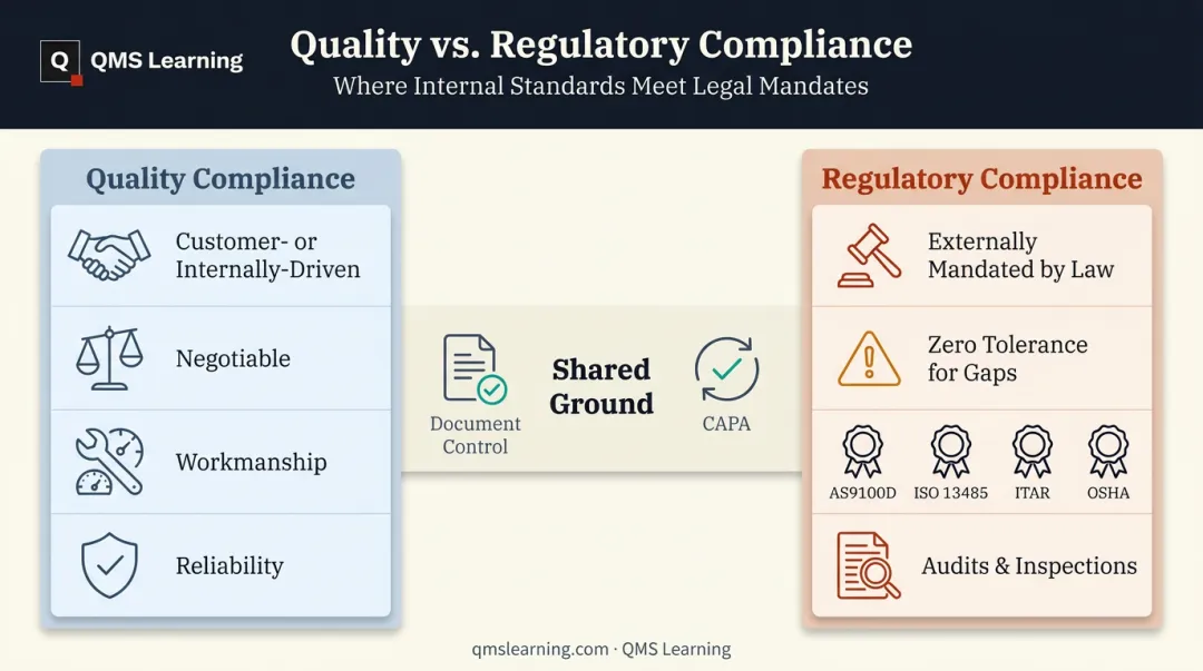 Quality compliance versus regulatory compliance side-by-side comparison chart