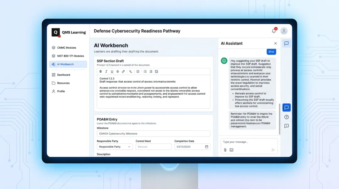 QMS Learning Defense Cybersecurity Readiness course and AI Workbench interface