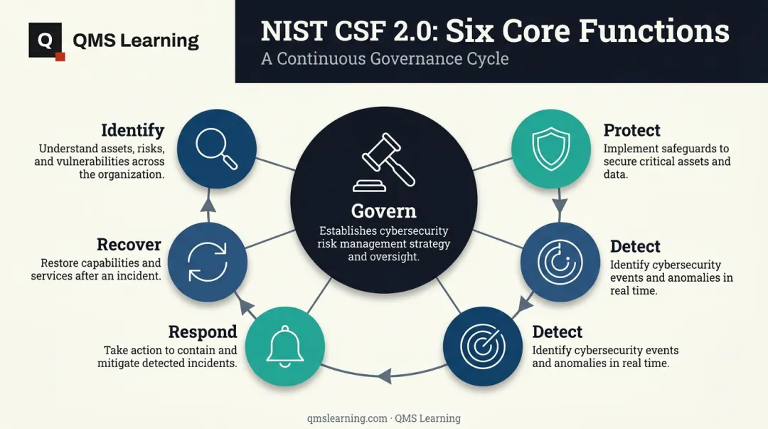 Six core functions of the NIST Cybersecurity Framework 2.0 cycle