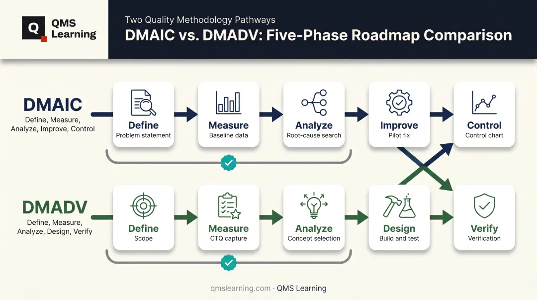 DMAIC versus DMADV five-phase framework comparison showing divergence point