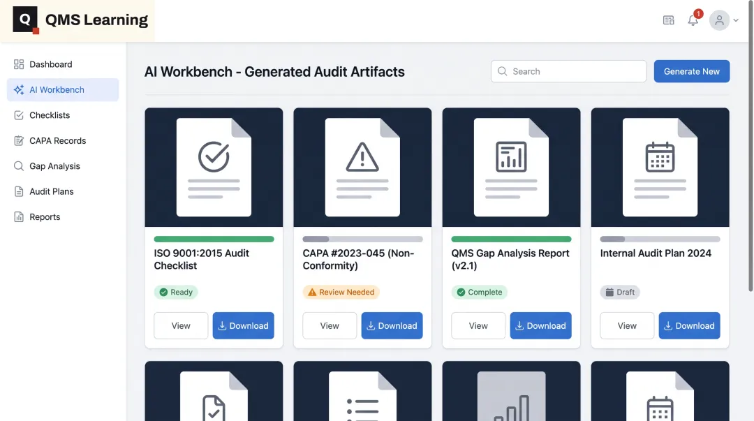 QMS Learning AI Workbench dashboard generating audit-ready compliance artifacts