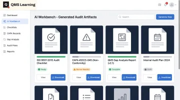 QMS Learning AI Workbench dashboard generating audit-ready compliance artifacts