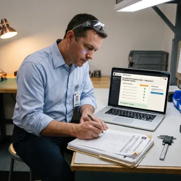Quality professional reviewing an ISO 9001 audit checklist