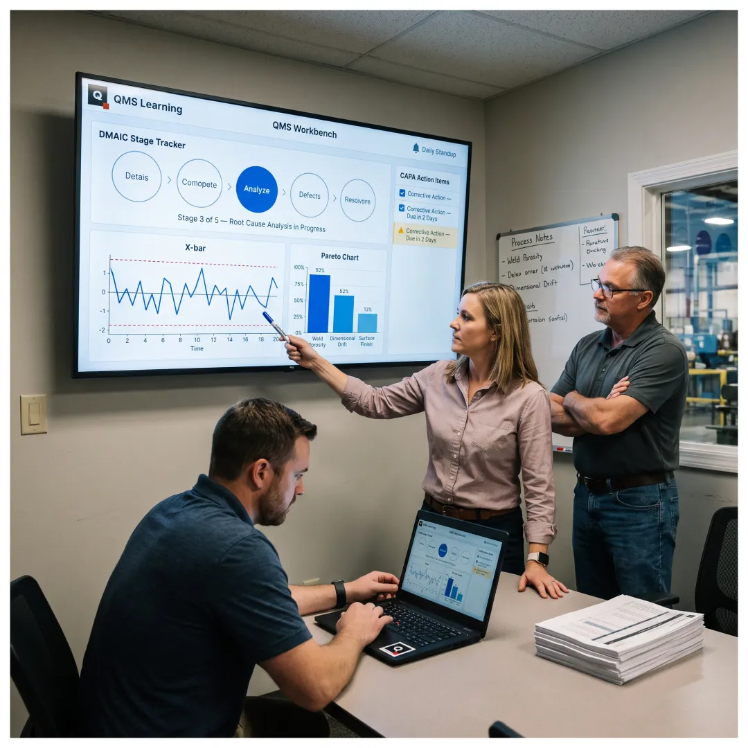 Quality team reviewing DMAIC performance data