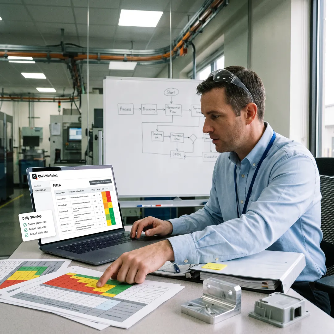 Quality professional reviewing an FMEA risk analysis
