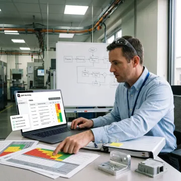 Quality professional reviewing an FMEA risk analysis