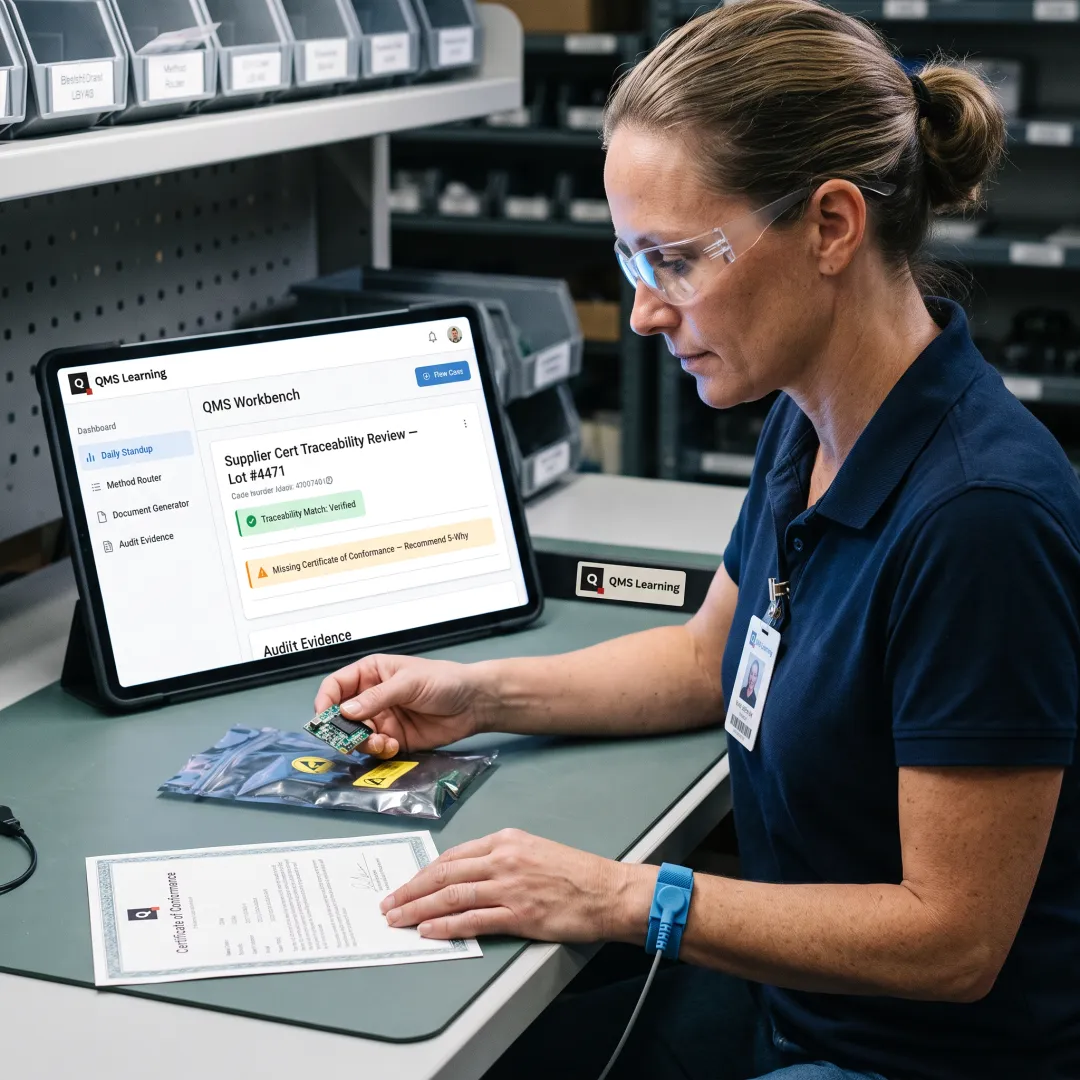 Inspector verifying electronic component traceability