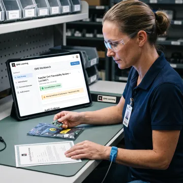 Inspector verifying electronic component traceability