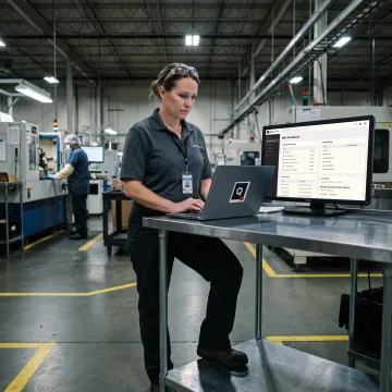 Manufacturing quality manager reviewing digital QMS records