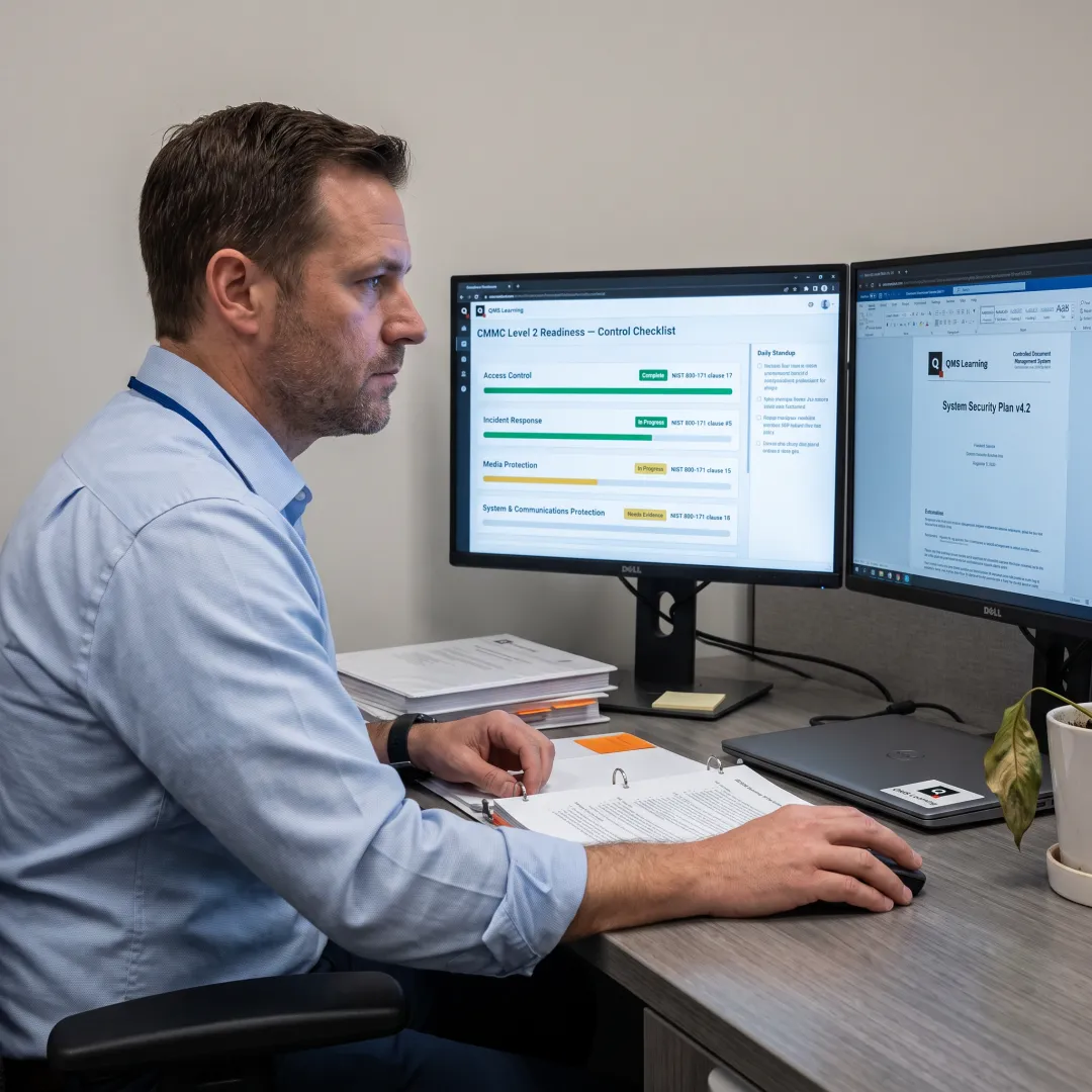 Cybersecurity professional reviewing CMMC compliance controls