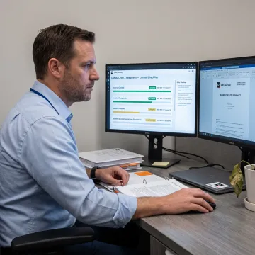 Cybersecurity professional reviewing CMMC compliance controls