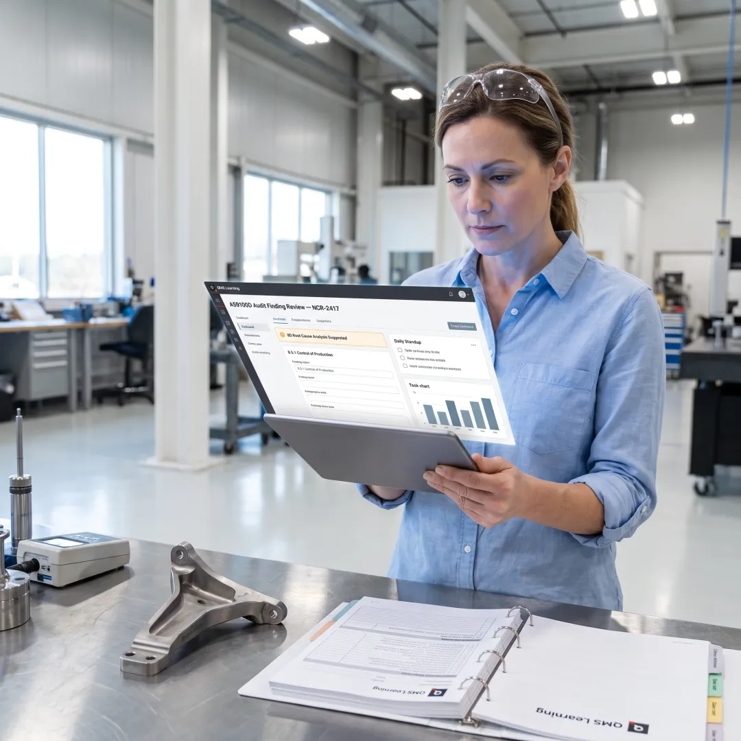 Aerospace quality professional reviewing audit records
