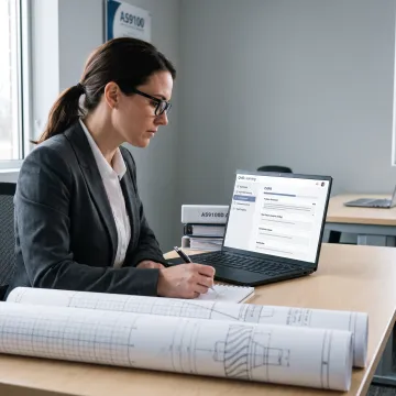 Aerospace quality professional reviewing AS9100D audit records