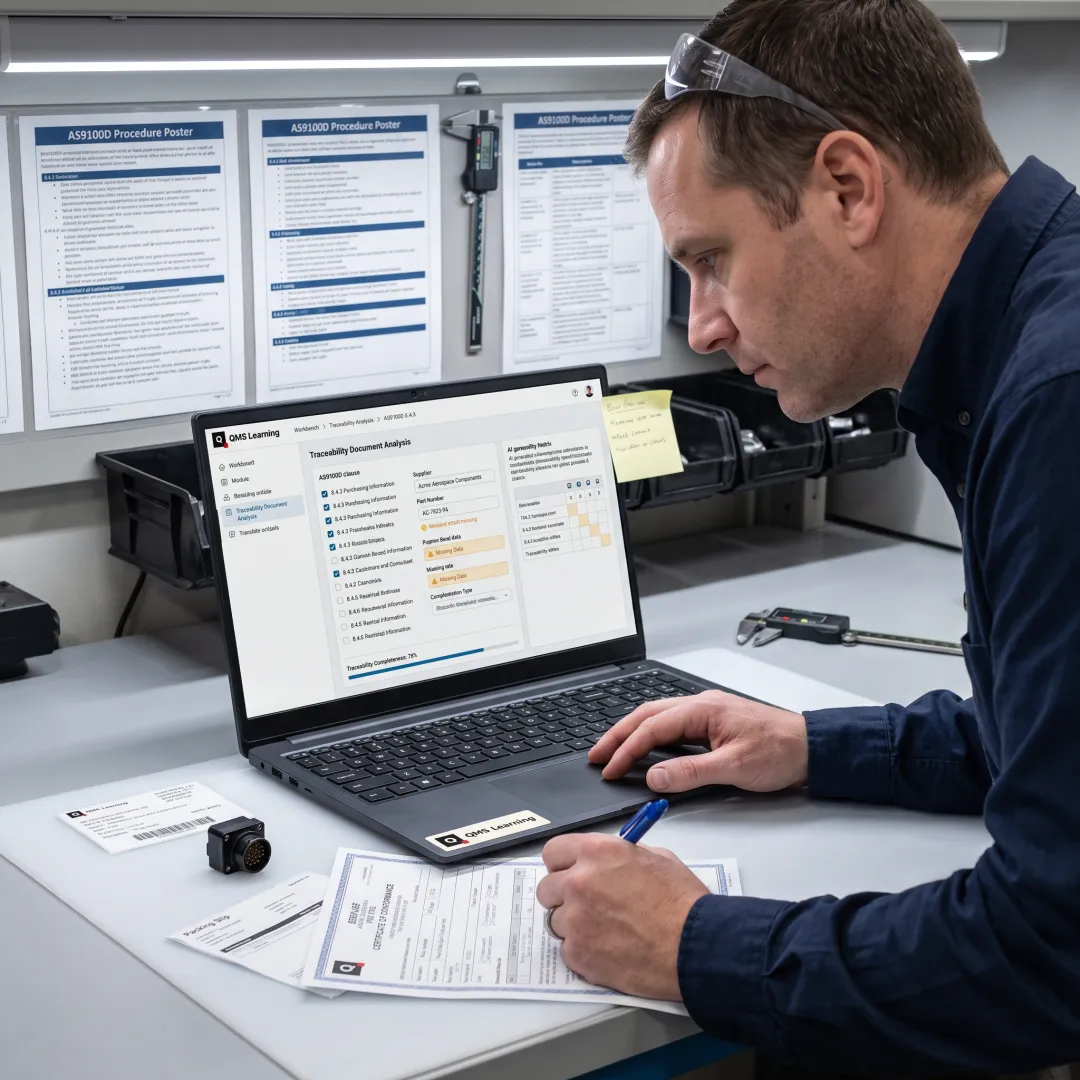 Receiving inspector reviewing component labels and traceability records