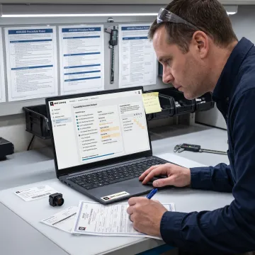 Receiving inspector reviewing component labels and traceability records