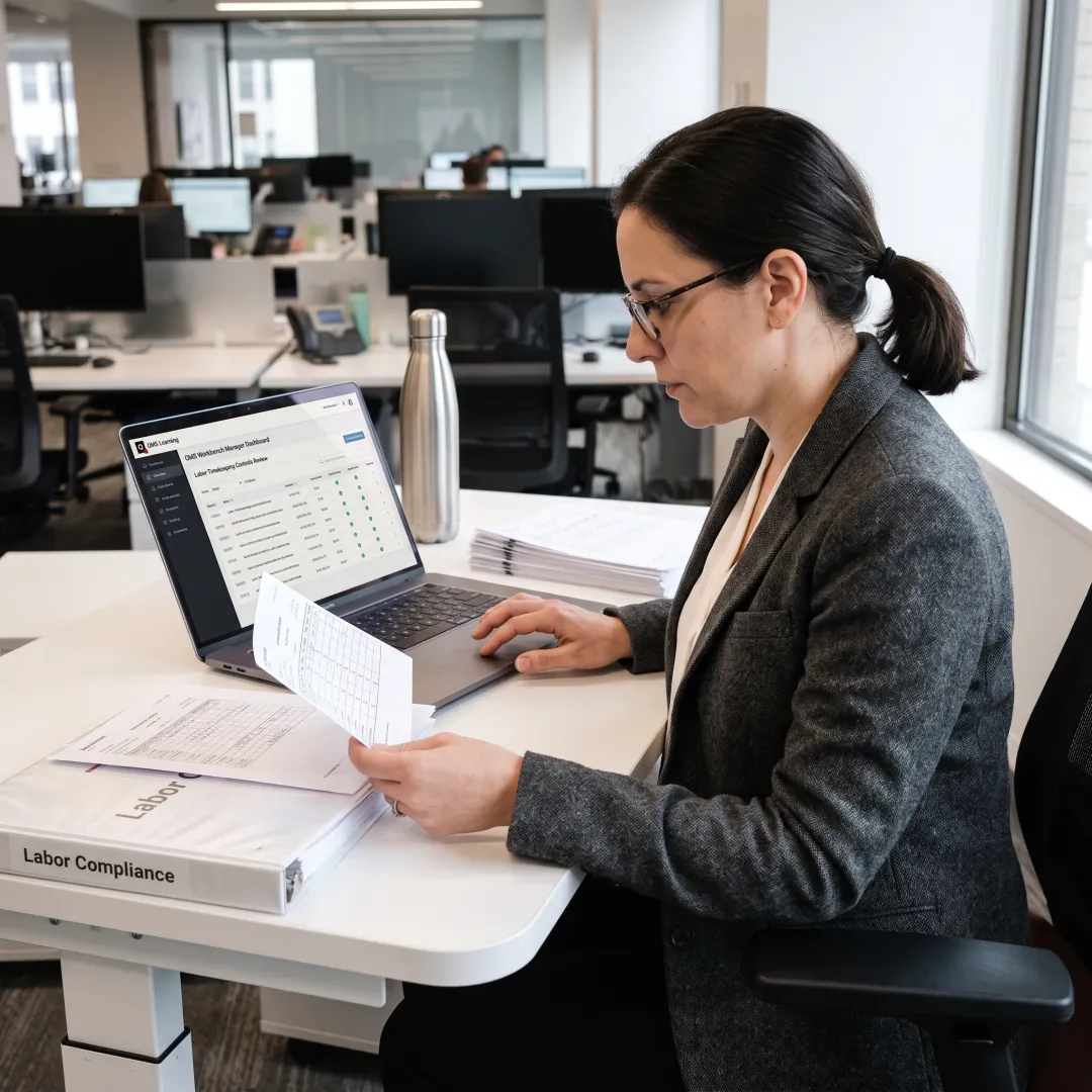 Compliance professional reviewing timekeeping controls and audit evidence