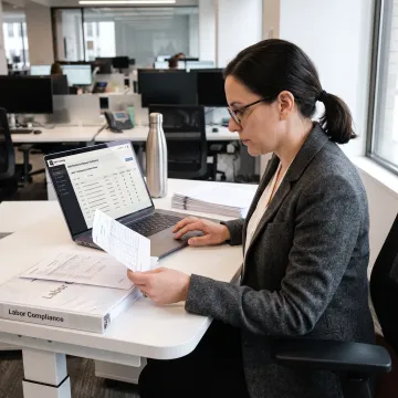 Compliance professional reviewing timekeeping controls and audit evidence