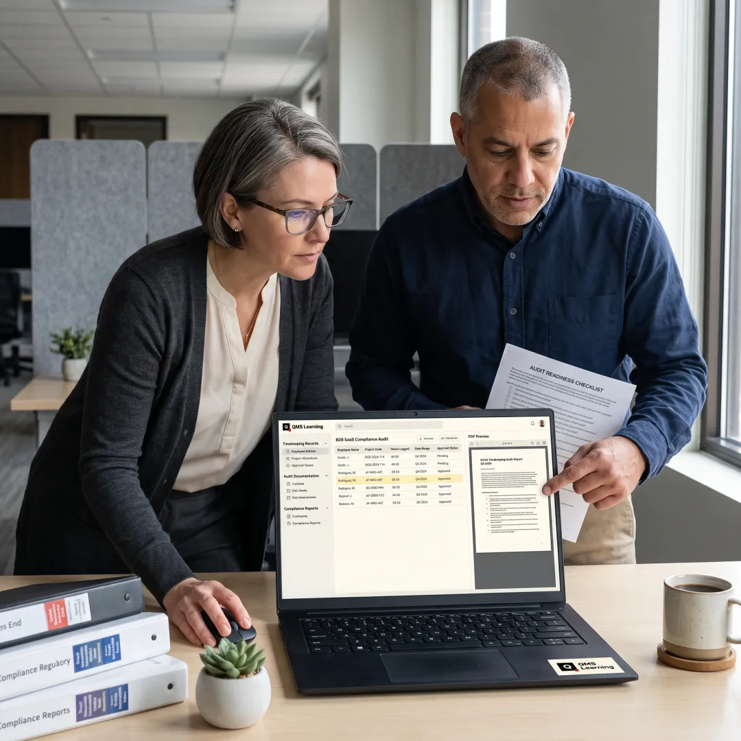 Government contractor reviewing digital employee timekeeping records