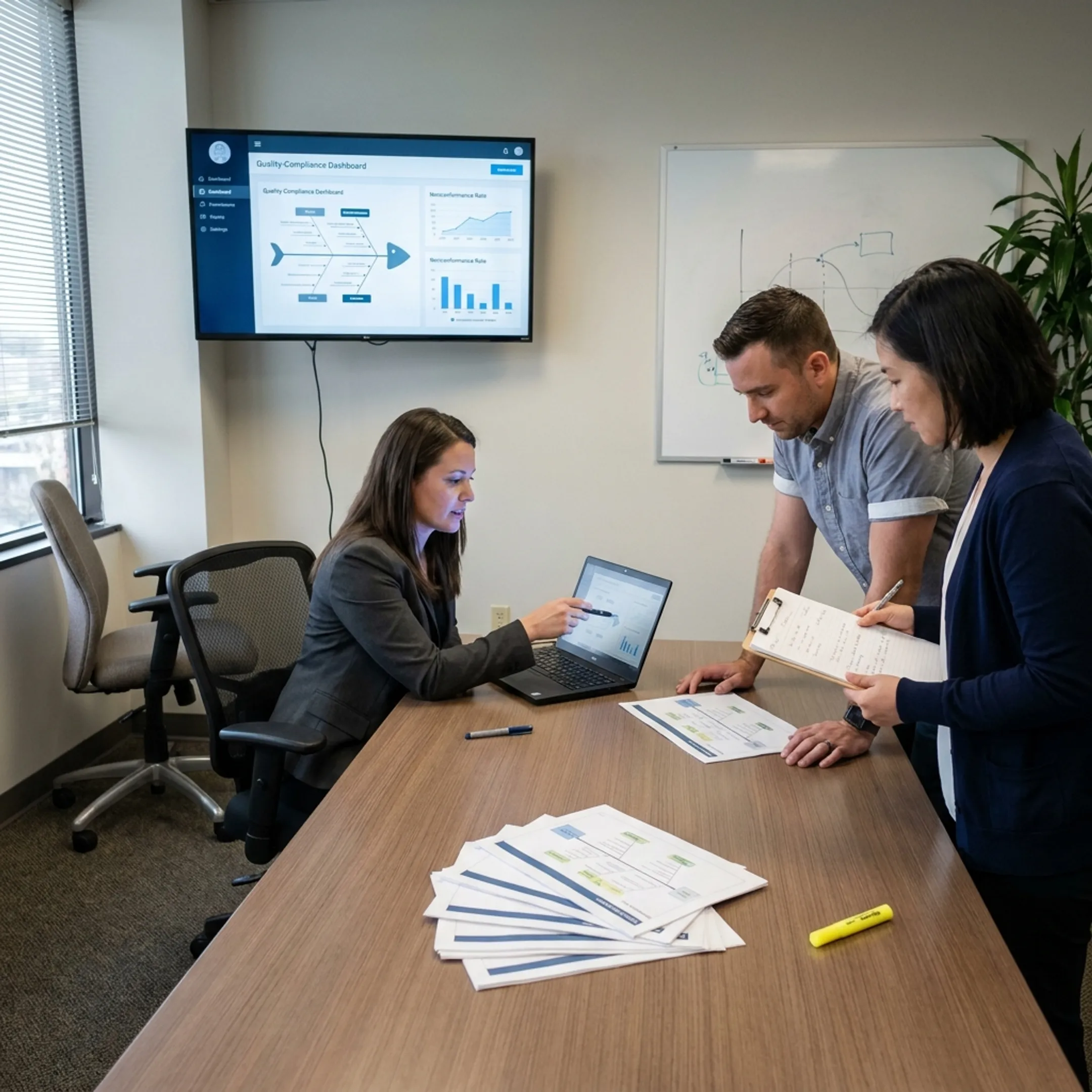 Team applying structured process improvement methods in a quality workspace