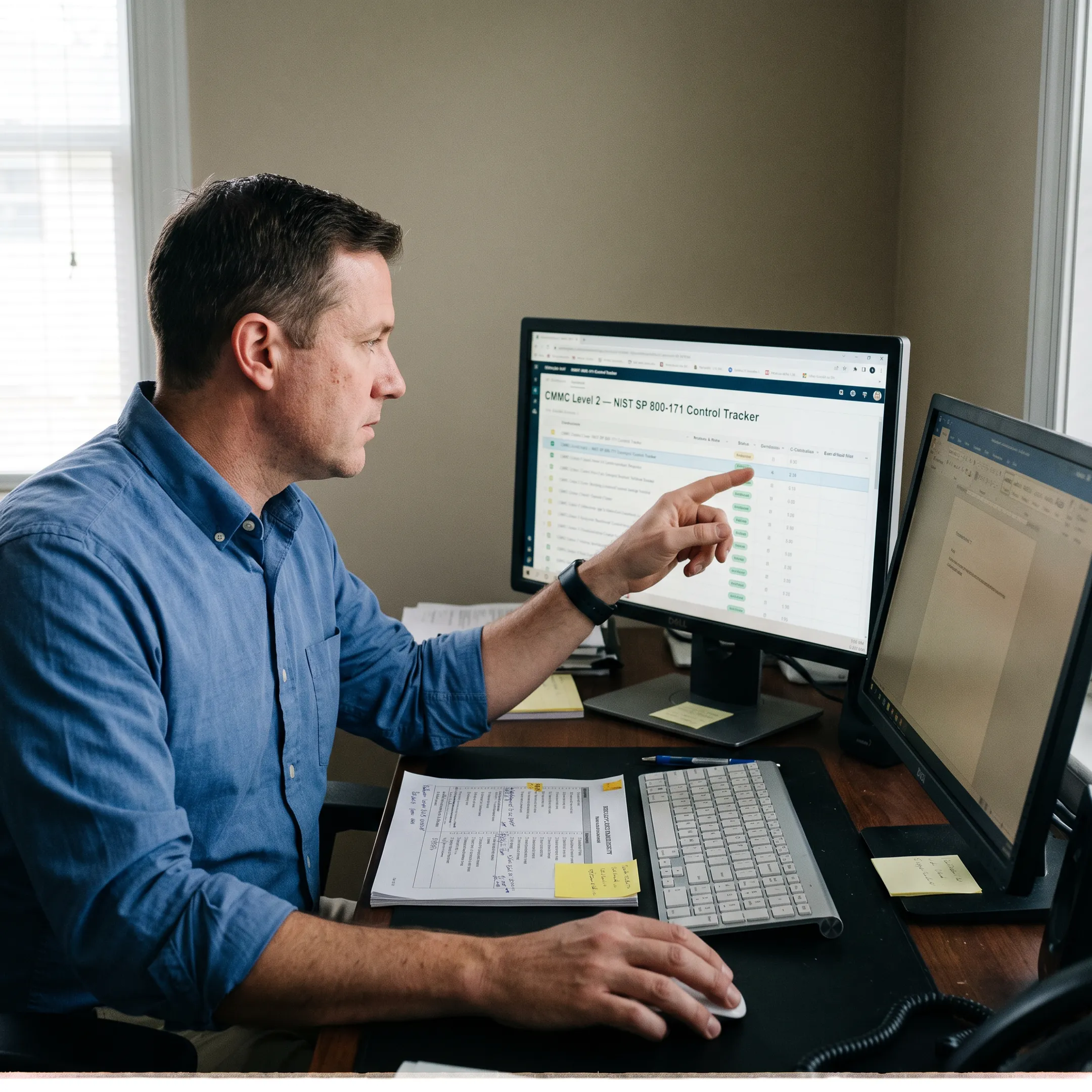 Compliance professional organizing CMMC evidence and NIST security control documentation