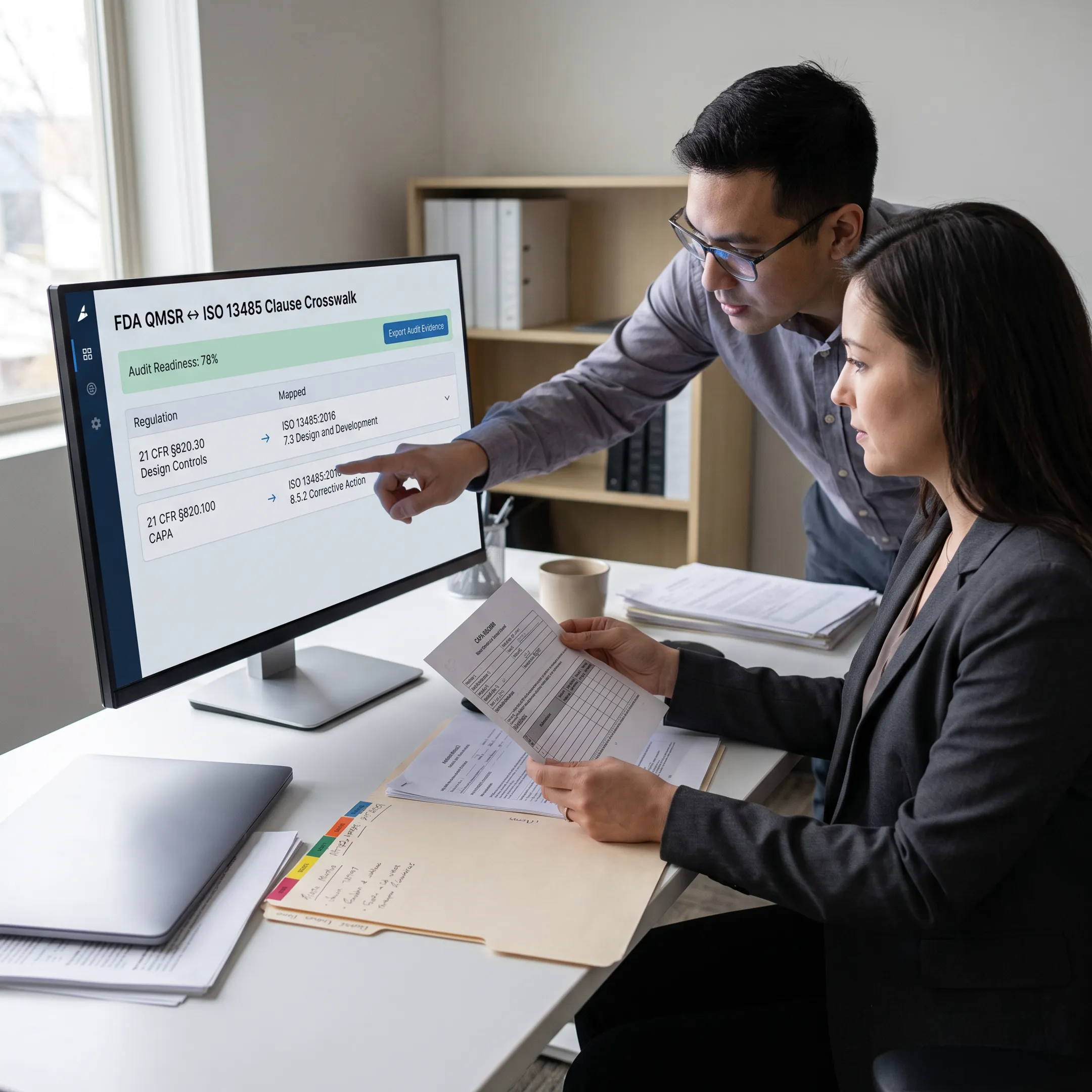 Quality team mapping FDA QMSR requirements to ISO 13485 controls