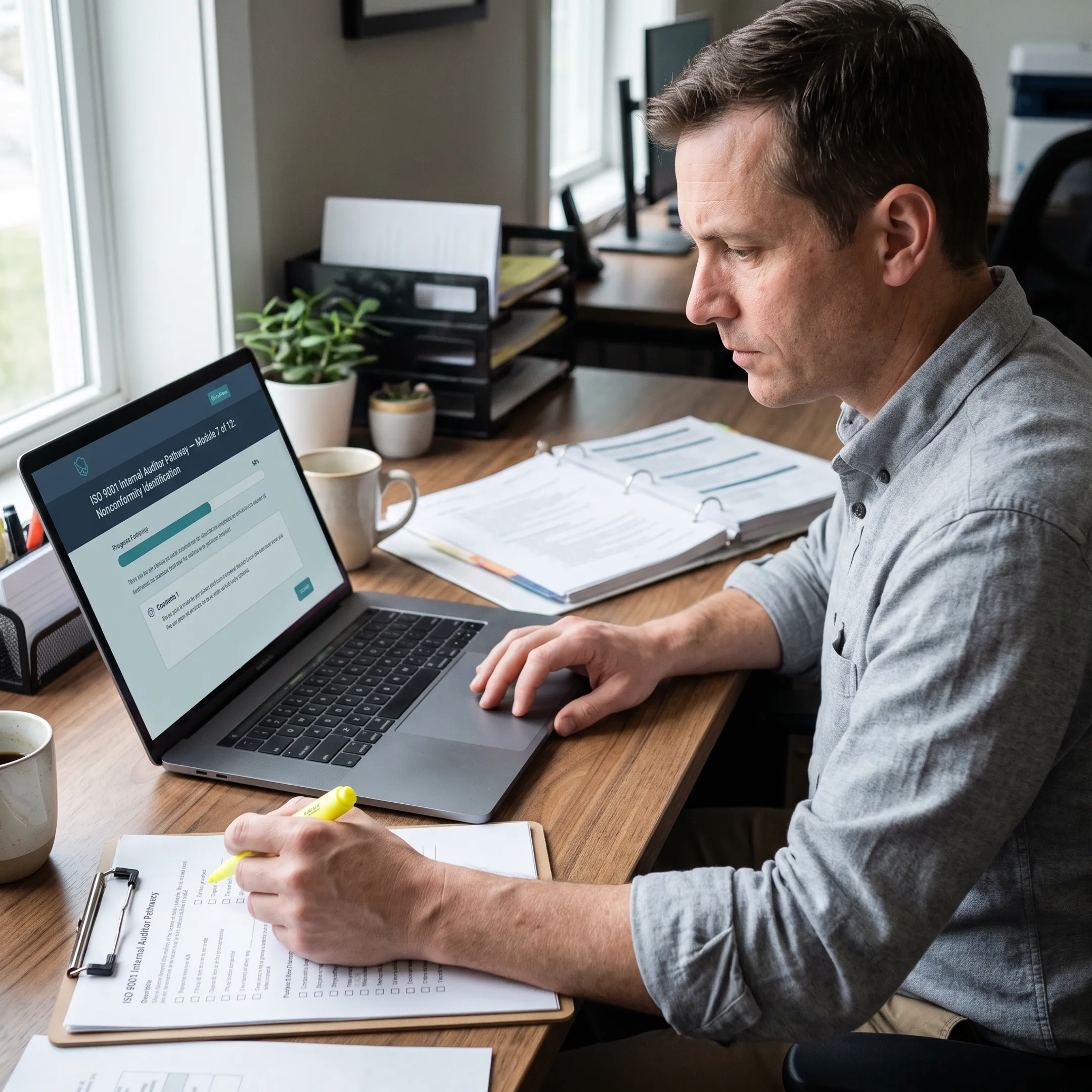 Learner completing an ISO 9001 internal auditor scenario online