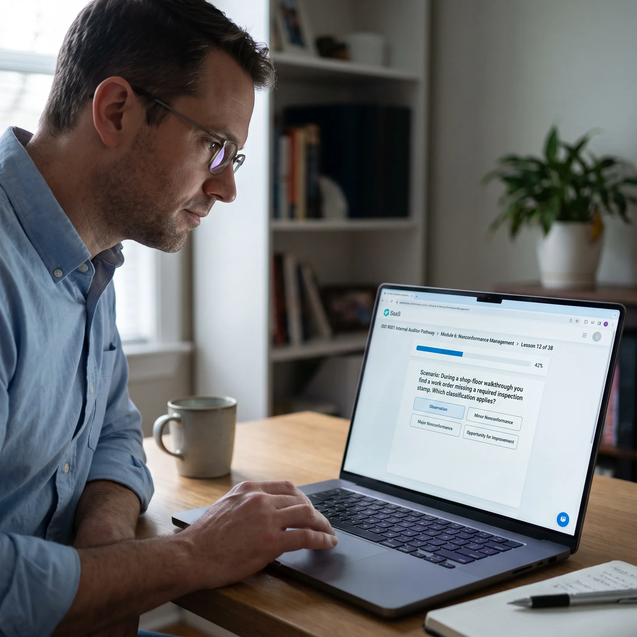 Learner using an online ISO 9001 internal auditor training platform