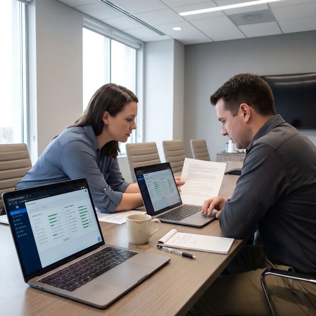 Cybersecurity compliance team reviewing CMMC readiness workflow