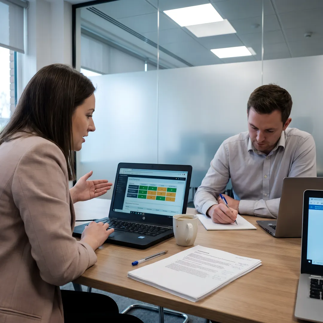 Cybersecurity team reviewing compliance dashboard