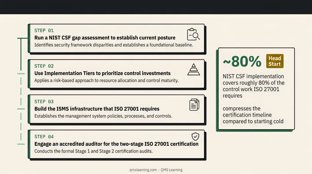 Four-step sequential path using NIST CSF to achieve ISO 27001 certification