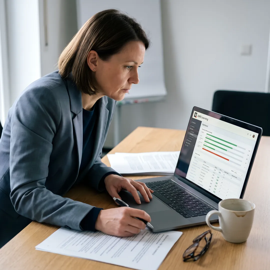 Compliance manager reviewing training dashboard