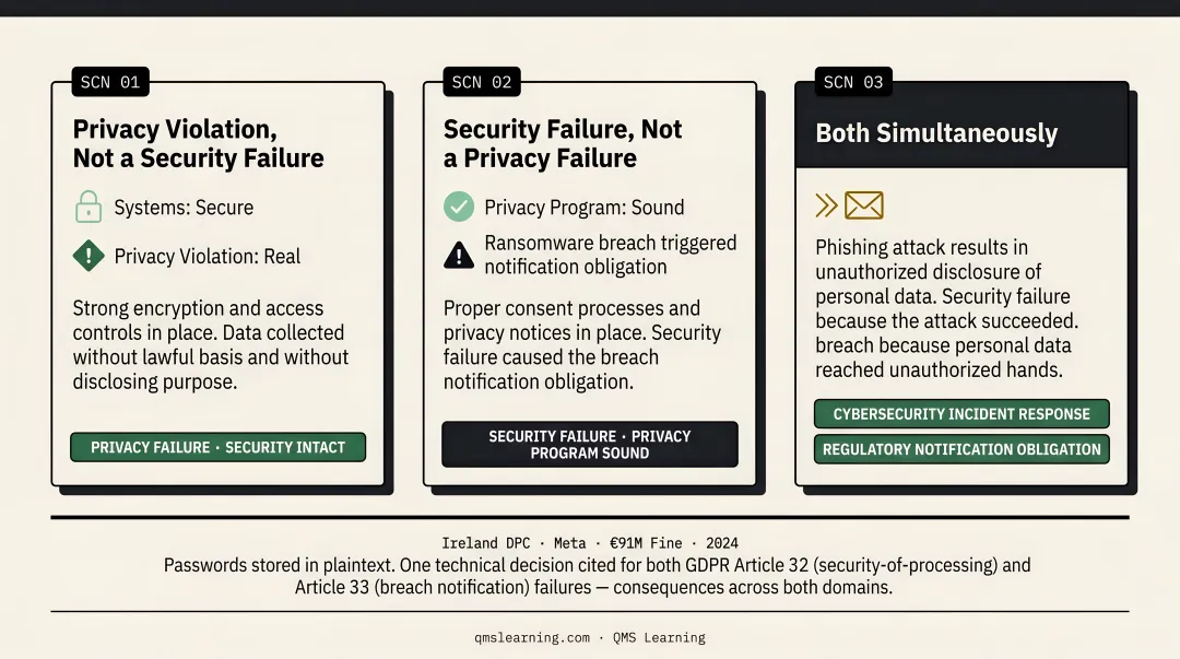 Three compliance scenarios showing privacy violation security failure and combined breach outcomes