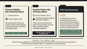 Three compliance scenarios showing privacy violation security failure and combined breach outcomes