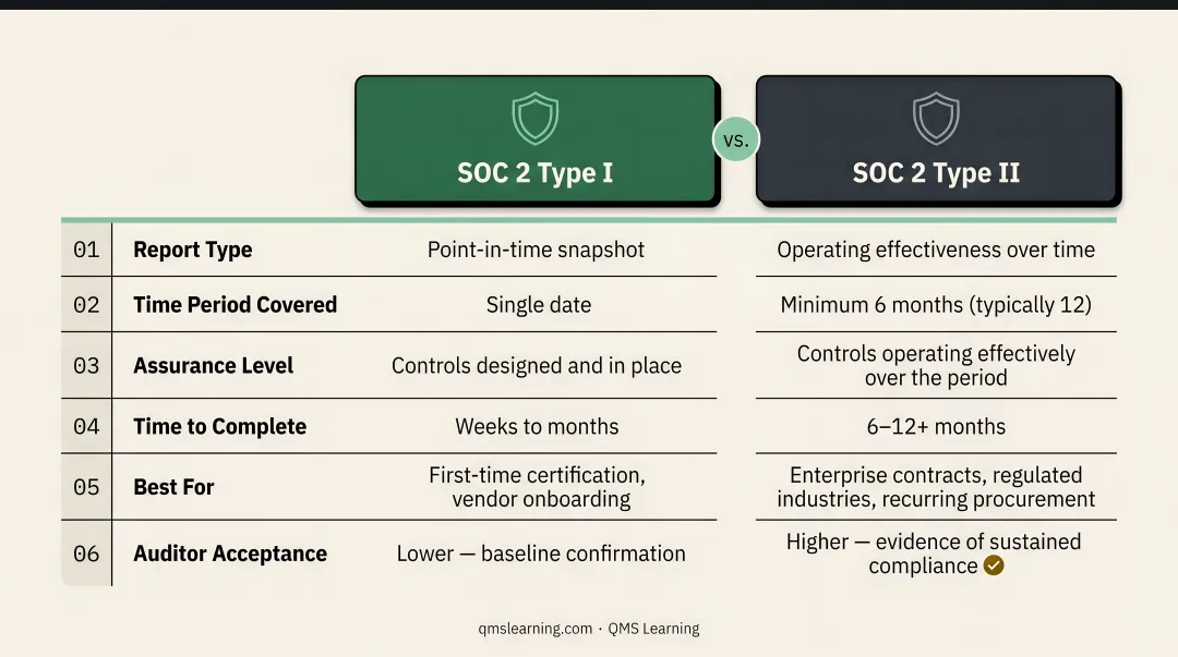 SOC 2 Type I versus Type II audit comparison chart with key differences